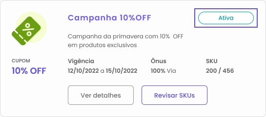 O card mostra uma campanha automática e seu status Ativo.