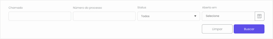 A imagem mostra os campos disponíveis que você pode usar pra buscar um chamado jurídico específico. São Chamado, Número do processo, Status e Aberto em.