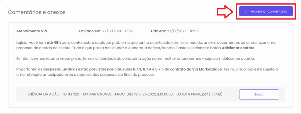 A imagem mostra os comentários que já existem e chama atenção para o botão Adicionar comentário, onde você pode incluir dados e anexos.